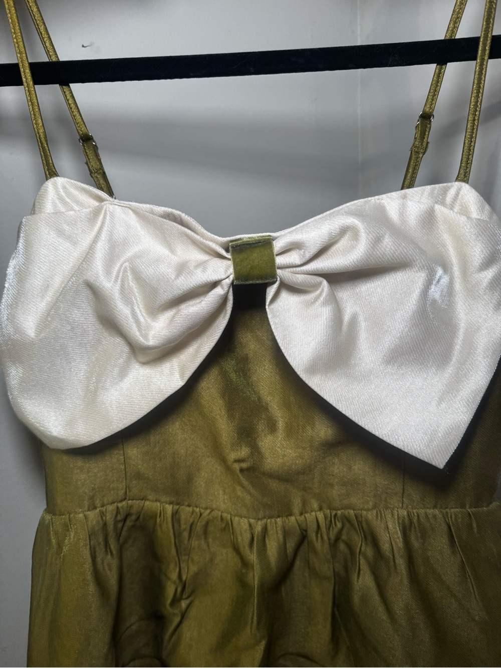 Olive Green Satin Dress with White Bow NWT - Picture 7 of 9